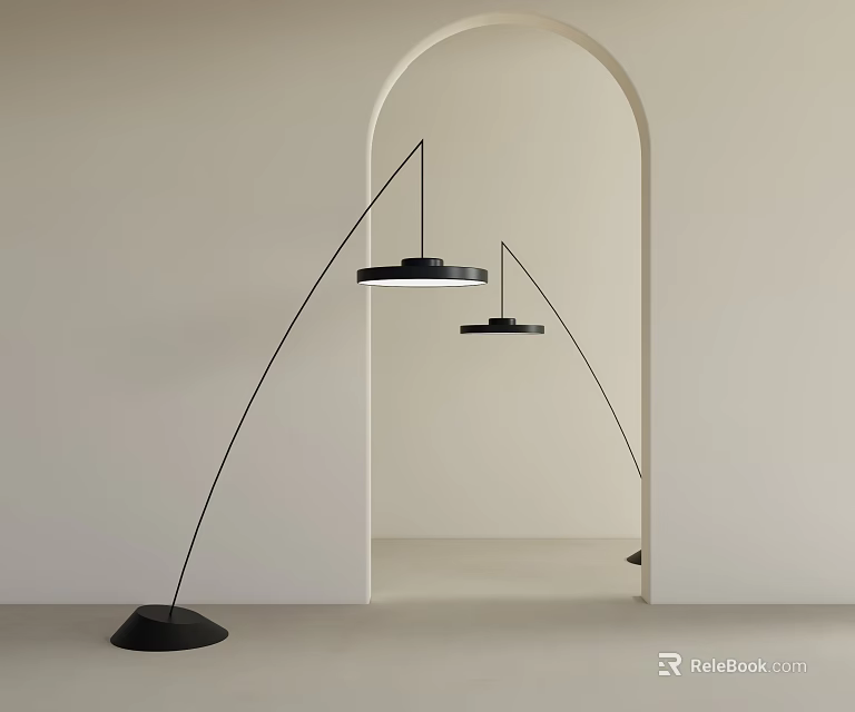 Modern Black Floor Lamp with Curved Arm and Sturdy Base in Minimalist Interior Space 3d model 