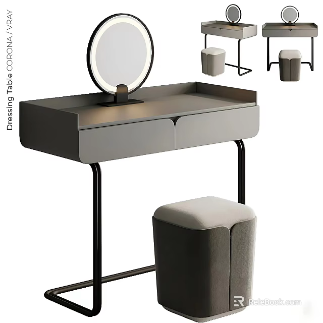 Modern Grey Dressing Table with Round Mirror Stool and Storage Drawers 3d model