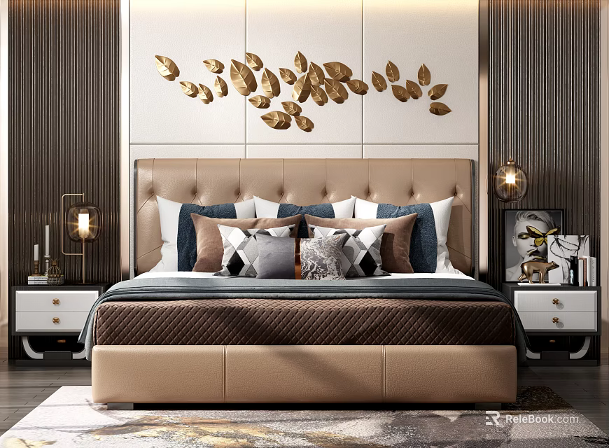 Stylish Double Bed With Beige Headboard Various Pillows Nightstands Table Lamps And Gold Leaf Wall Art 3d model 