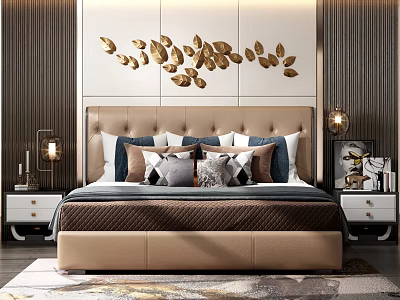 Stylish Double Bed With Beige Headboard Various Pillows Nightstands Table Lamps And Gold Leaf Wall Art 3d model