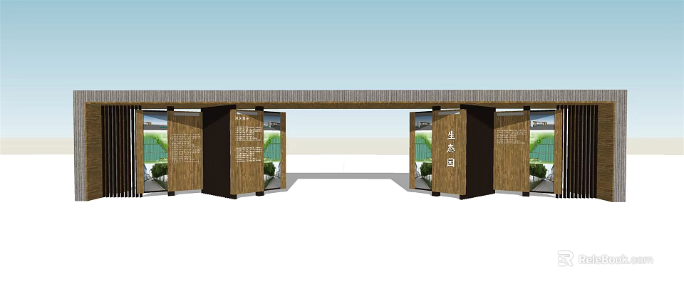 Modern Ecological Entrance Gate Design With Wooden Pillars And Green Plants 3d model 