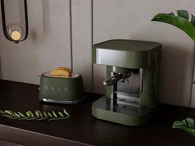 Modern Kitchen Countertop With Green SMEG Coffee Machine And Toaster With Bread And Plants 3d model