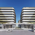 Modern Symmetrical Office Building Exterior with Glass Curtain Walls Entrance and Blue Sky