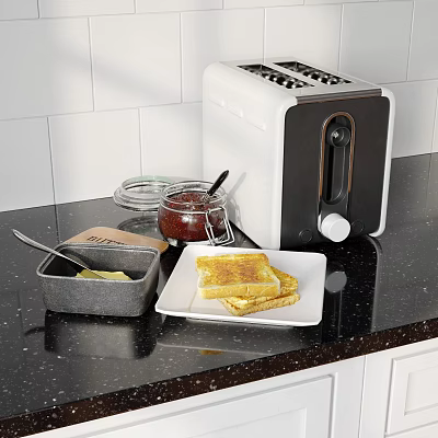 Stylish White Toaster On Modern Kitchen Counter With Toast And Jam 3d model