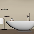 Poliform White Freestanding Bathtub With Faucet Towel Stand And Bath Products On Wooden Floor