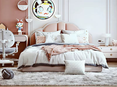 Kids Room Interior Design With Pink Headboard White Bedding And Rabbit Toy 3d model