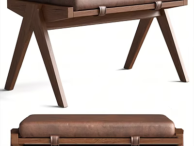 Modern Brown Leather Sofa Bench With Wooden Frame And Sturdy Legs 3d model