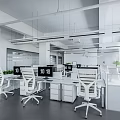 Modern Public Office Space With Open Layout White Desks Chairs Computer Monitors And Large Windows