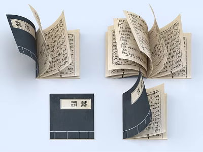 Ancient Chinese Books Displaying Open Pages Black Covers Yellowed Vertical Text And Traditional Layout 3d model