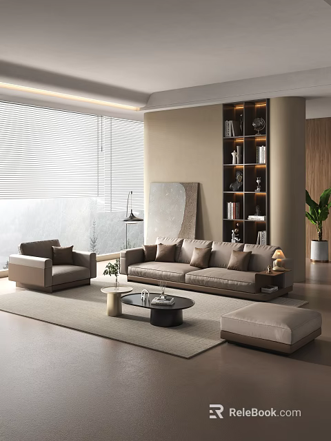 Modern Minimalist Living Room Beige Sofa and Coffee Table Set with Cushions Armchair and Ottoman 3d model 