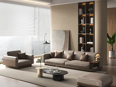 Modern Minimalist Living Room Beige Sofa and Coffee Table Set with Cushions Armchair and Ottoman 3d model