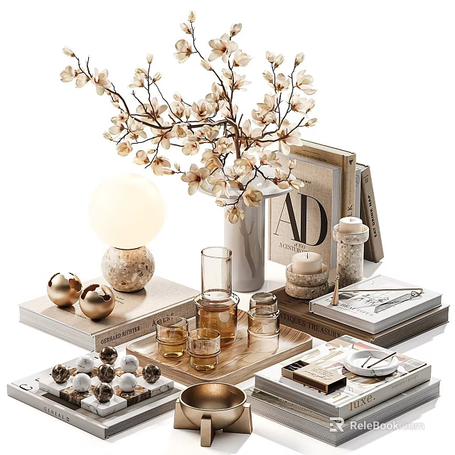 Elegant Decorative Ornament Set With White Flower Branches Vase Spherical Lamp Golden Balls And Books 3d model 