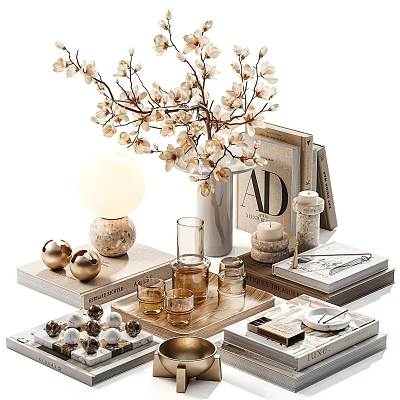 Elegant Decorative Ornament Set With White Flower Branches Vase Spherical Lamp Golden Balls And Books 3d model