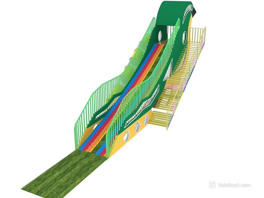 Fun Rainbow Colored Playground Slide With Yellow Stairs And Green Safety Mat 3d model 