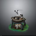 Stone Fire Pit With Burning Firewood Smoke Decorative Branches And Green Grass