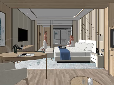 Modern Hotel Guest Room Interior Design With King Bed And Wooden Furniture 3d model