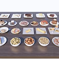 Assorted Delicious Food Plates With Desserts Nuts Cakes And Snacks On Wooden Table