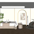 Serene SPA Sauna Interior with Massage Beds White Sheets Circular Light and Arched Doorway