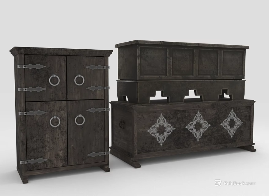 Dark Wood Cabinet And Chest Furniture With Metal Handles And Ornate Carvings 3d model 