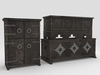 Dark Wood Cabinet And Chest Furniture With Metal Handles And Ornate Carvings 3d model
