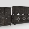 Dark Wood Cabinet And Chest Furniture With Metal Handles And Ornate Carvings