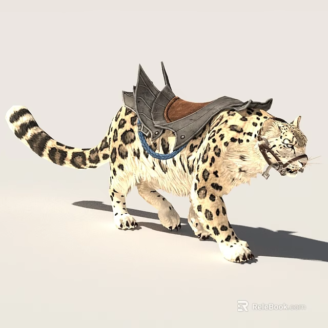 Snow Leopard With Spotted Coat Long Tail And Saddle As Riding Mount 3d model