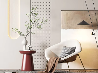 Modern White Leisure Chair With Perforated Wall Side Table Green Plant And Blanket 3d model