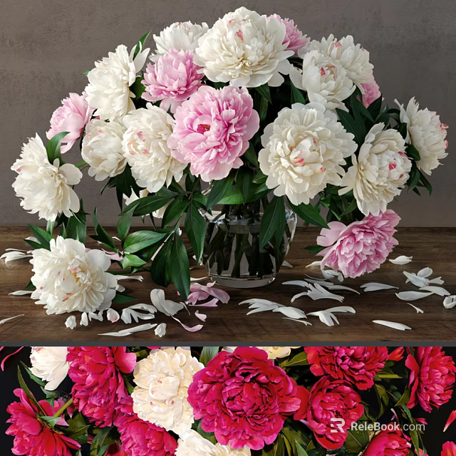White And Pink Peonies In Glass Vase On Wooden Table With Scattered Petals 3d model 