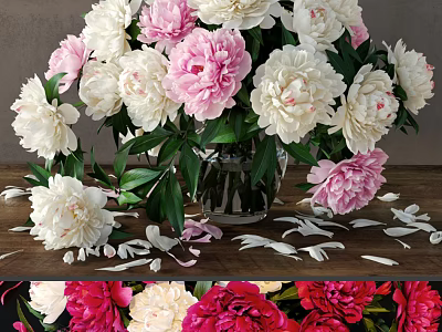 White And Pink Peonies In Glass Vase On Wooden Table With Scattered Petals 3d model