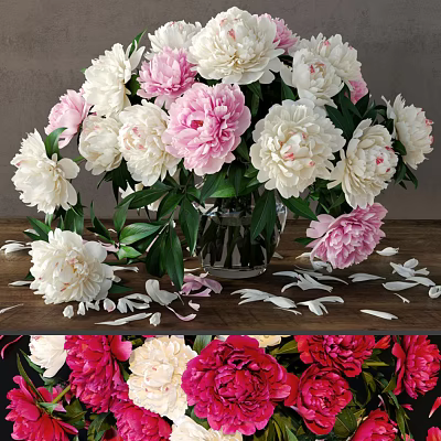 White And Pink Peonies In Glass Vase On Wooden Table With Scattered Petals 3d model