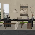 Serene Traditional Tea Room Interior With Wooden Table Hanging Lamps And Decorative Painting