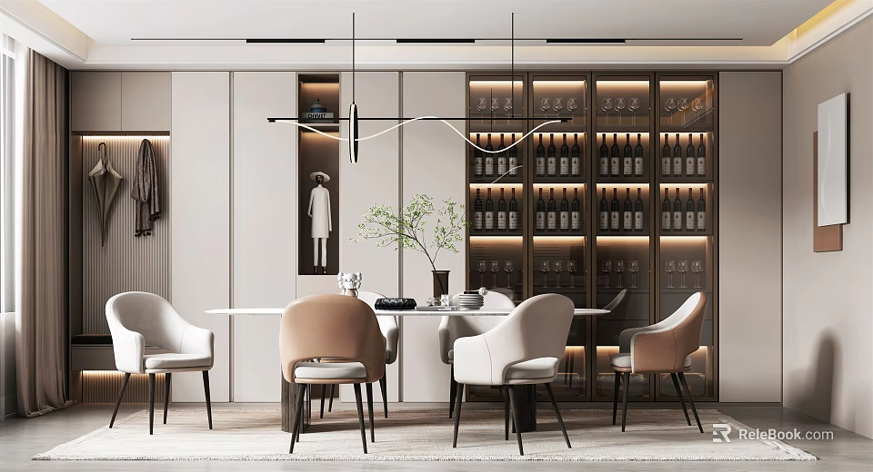 Modern Restaurant Interior With Dining Table Mixed Chairs Pendant Light And Wine Cabinet 3d model 