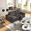 Black Two Seater Sofa In Living Room With Floor Lamp Geometric Rug And Coffee Table