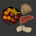 Fresh Assorted Food With Fruit Basket Bread Raw Beef Steak And Cheese Slices