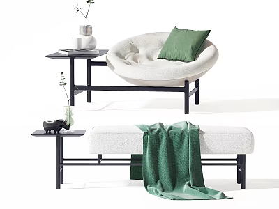 Modern Fabric Sofa Bench With Green Throw Blanket And Side Table Plant Vase Decor 3d model