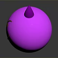 Pink Sphere Cartoon Creature With Purple Horns Brown Eyebrows And Smiling Mouth On Gray Background