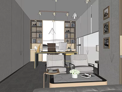 Modern Office Interior With Desk Bookshelves Sofa Coffee Table And Lighting Fixtures 3d model