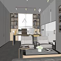 Modern Office Interior With Desk Bookshelves Sofa Coffee Table And Lighting Fixtures