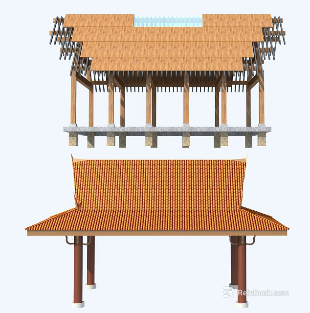 Traditional Chinese Garden Classical Roof Structure With Wooden Pillars And Orange Tiles 3d model 