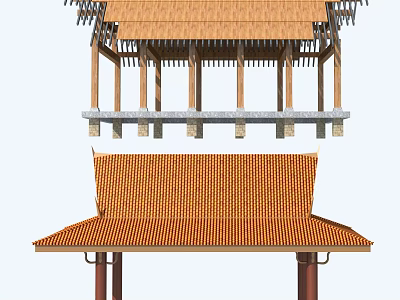 Traditional Chinese Garden Classical Roof Structure With Wooden Pillars And Orange Tiles 3d model