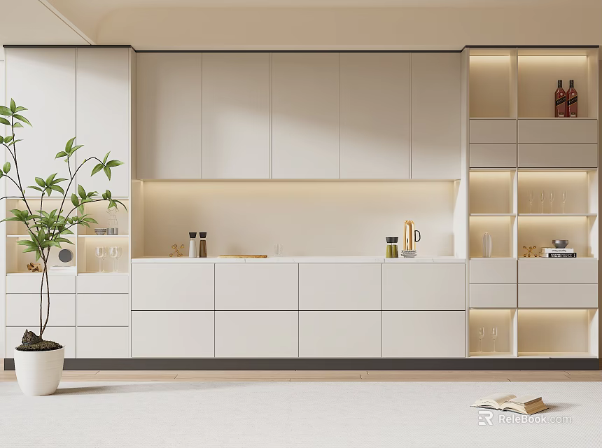 Modern Open Kitchen Interior Design With Stylish Wine Cabinet And LED Lighting 3d model