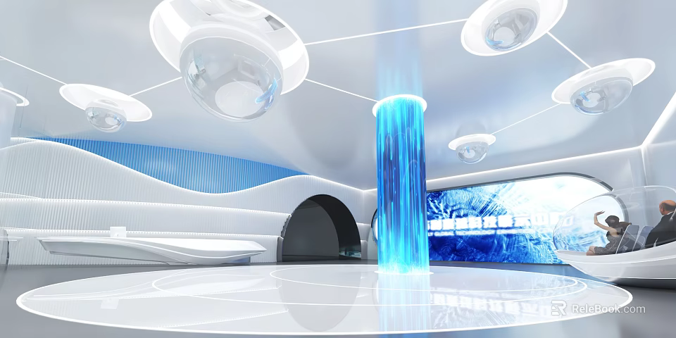 Modern Futuristic Exhibition Hall With Blue Light Column Circular Lights And White Curved Design 3d model 