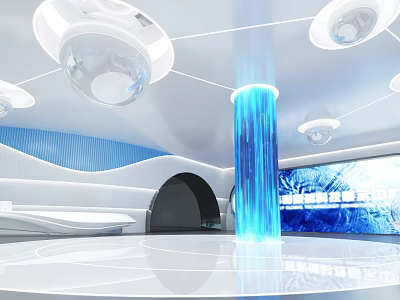Modern Futuristic Exhibition Hall With Blue Light Column Circular Lights And White Curved Design 3d model