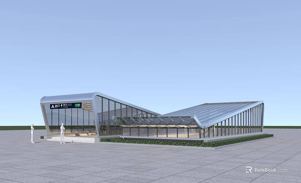 Modern Metro Station Building With Glass Curtain Wall Sloped Roof And Plaza Area 3d model 