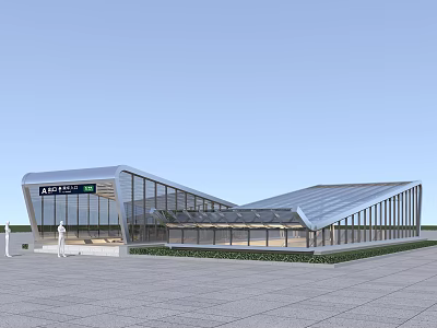 Modern Metro Station Building With Glass Curtain Wall Sloped Roof And Plaza Area 3d model