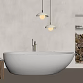 White Bathtub in Minimalist Bathroom with Wooden Stool Towels Hanging Pendant Lights and Firewood Niche