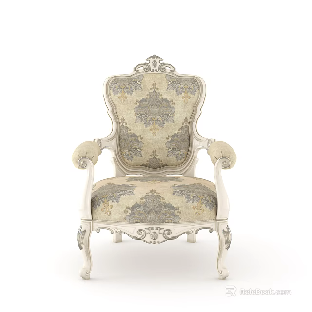 Classic Carved Dining Chair with Elegant Patterned Fabric Upholstery Ornate Armrests and Intricate Decorative Details 3d model 