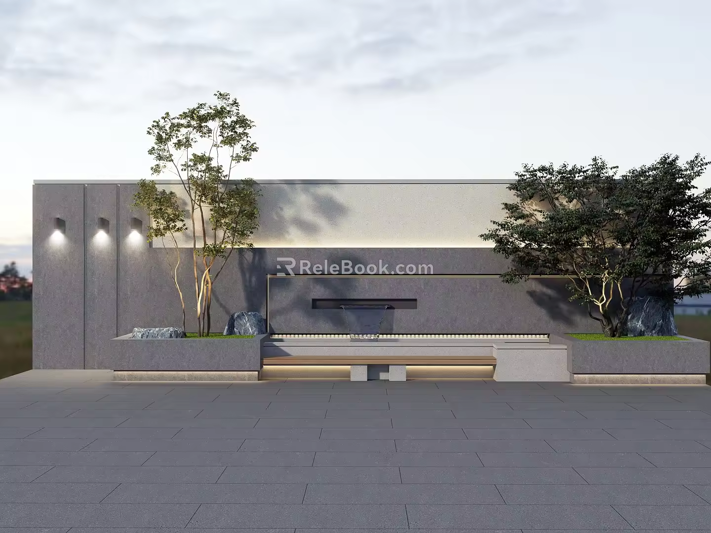 Courtyard flowing water view wall 3d model