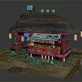 Traditional Japanese Street Food Stall With Red Building Blue Sign Dark Roof And Lanterns