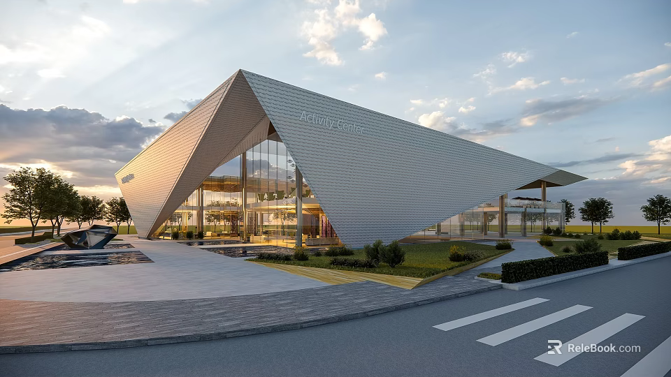 Modern Architectural Building Featuring Geometric Facade Metal Glass Structure And Landscaped Garden Roadway Sunset Sky 3d model 